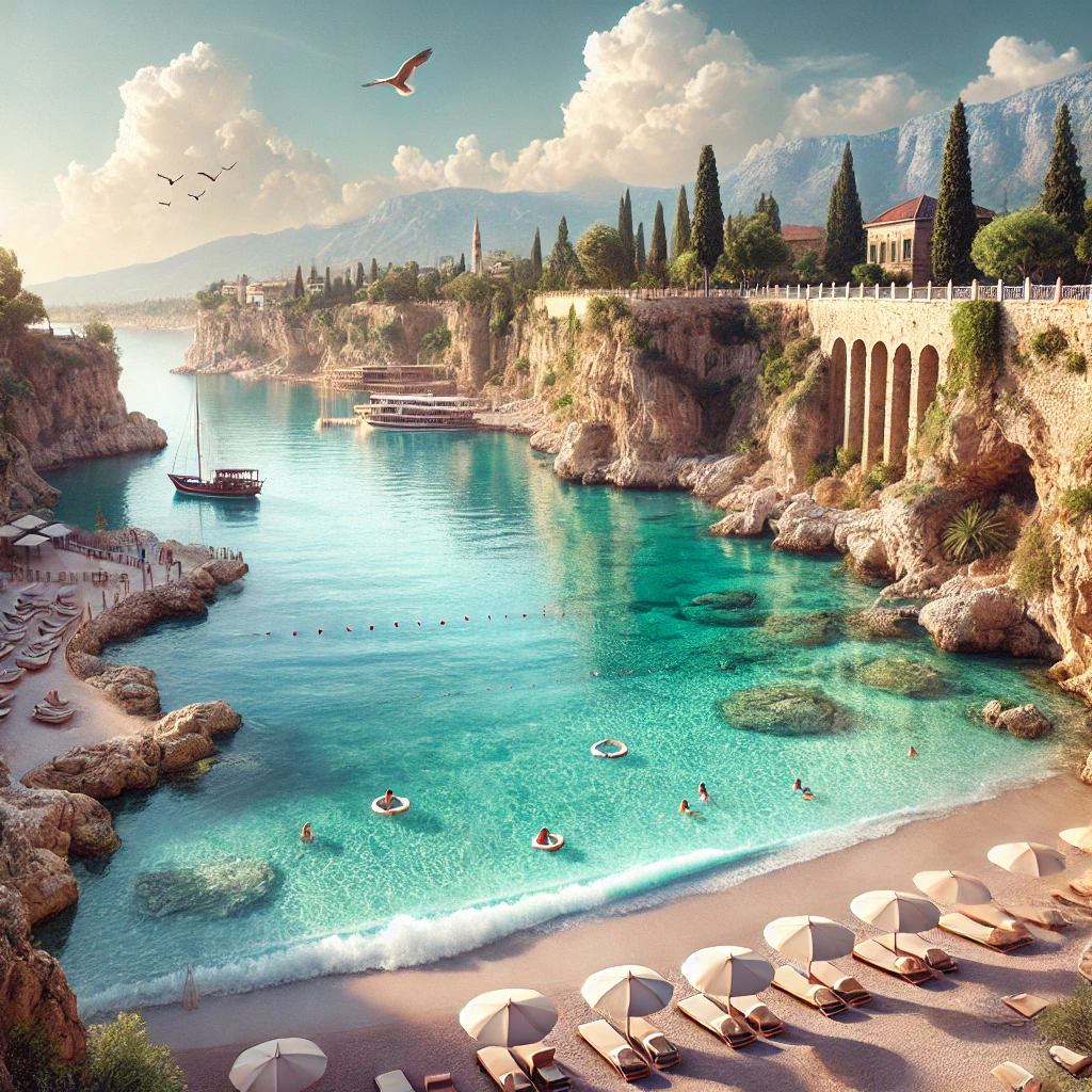 Realistic view of Mermerli Beach in Antalya, showcasing clear waters, travertine cliffs, and ancient Kaleiçi Marina walls.