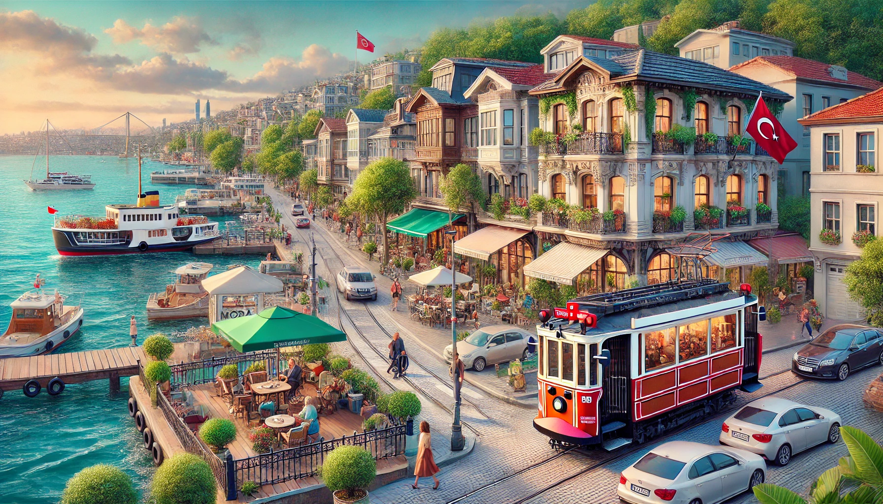 Picturesque neighborhood in Moda, Kadıköy, Istanbul, Turkey featuring the historic Moda Pier, scenic streets with cafes and boutiques, the nostalgic tram, and people enjoying the seaside and parks.