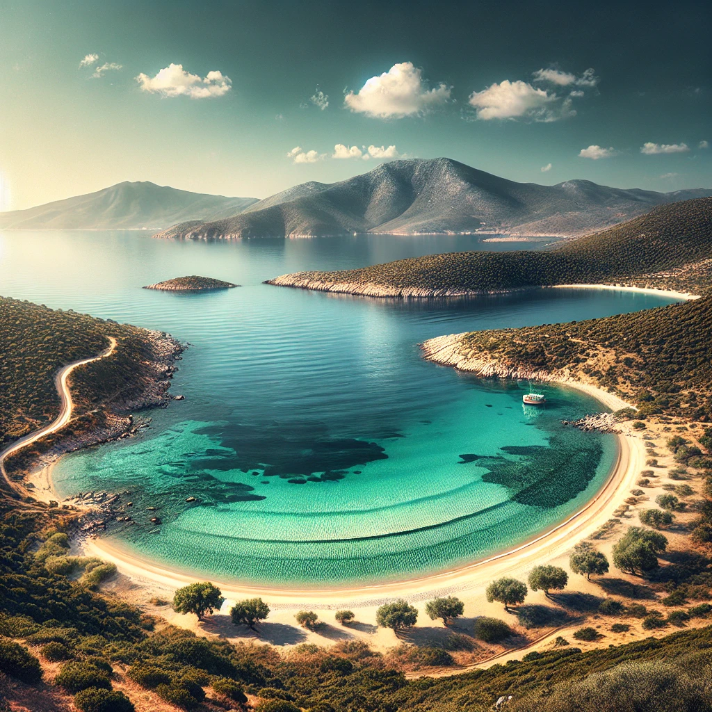 Aerial view of Mordoğan's pristine beach and crystal-clear waters on the Aegean coast of İzmir, Turkey.