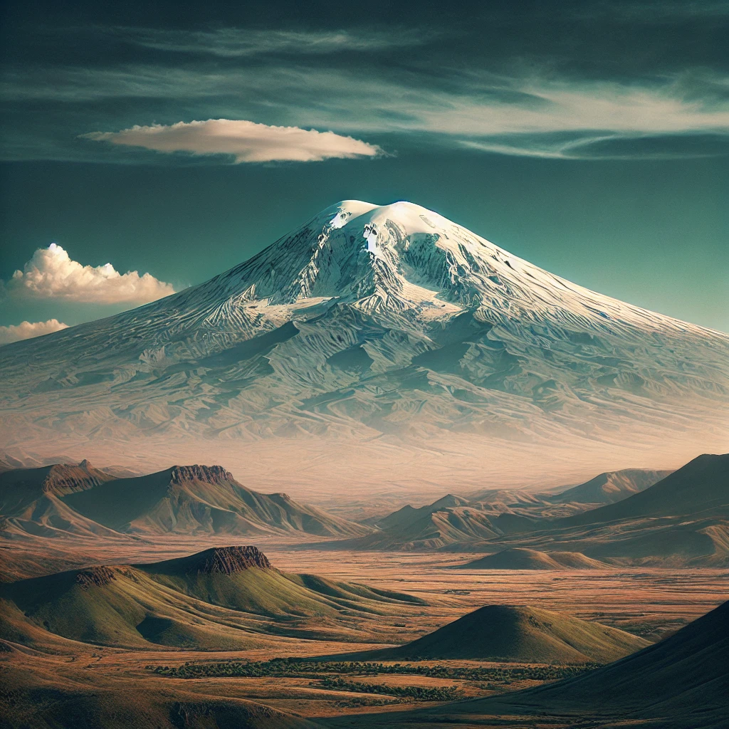 Snow-capped Mount Ararat with twin peaks against a clear blue sky in Eastern Turkey.