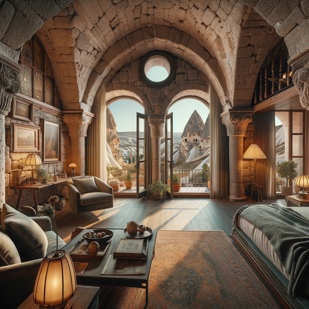 Luxurious suite at Museum Hotel in Cappadocia with ancient stone walls and panoramic views.