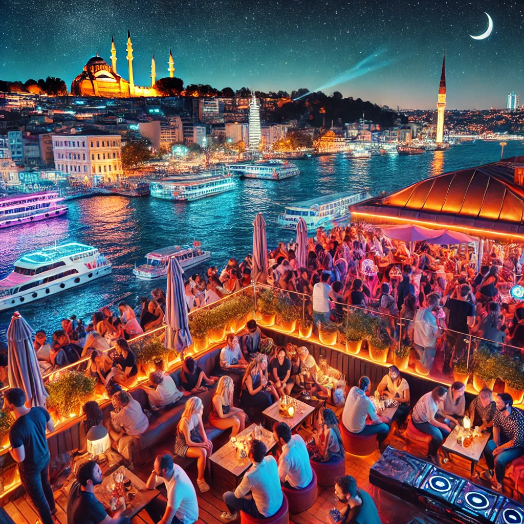 Nightlife in Istanbul featuring a bustling rooftop bar with views of the Bosphorus.