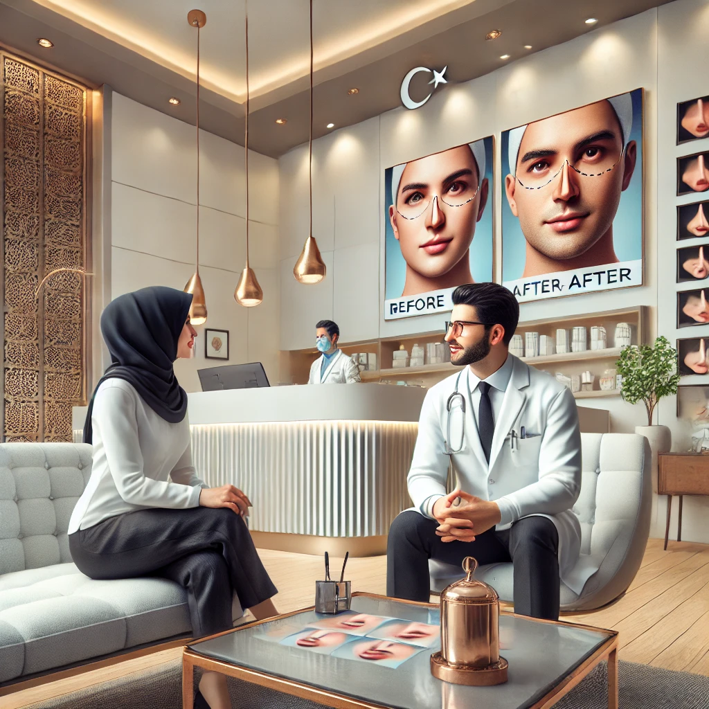 Modern medical clinic in Turkey specializing in rhinoplasty, featuring a doctor consulting with a patient about nose job options.