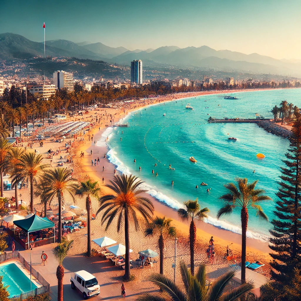 Scenic view of Oba, Alanya, with palm-lined beaches, azure waters, and a vibrant coastal promenade.