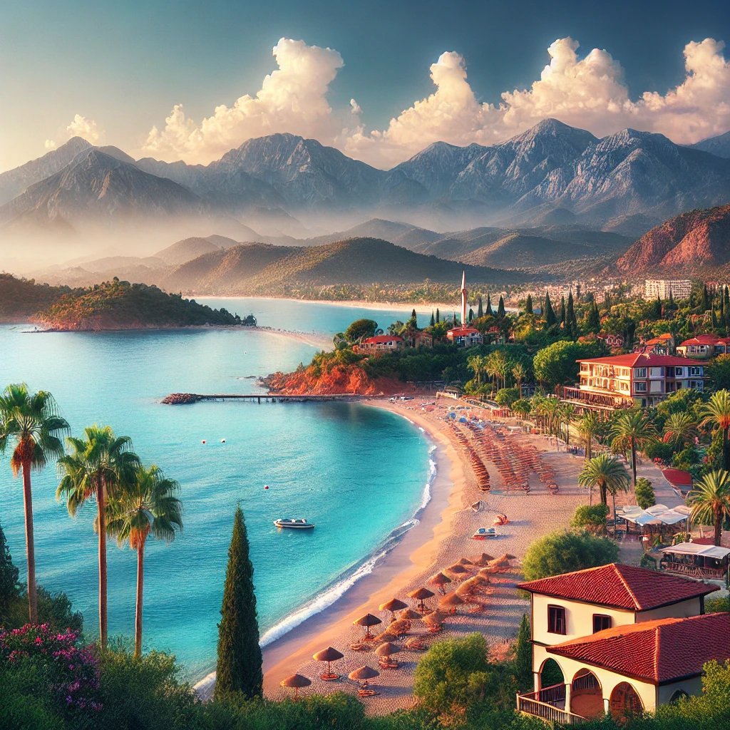 Serene beach view of Okurcalar, Alanya with clear blue waters, sandy shores, and the Taurus Mountains in the background.