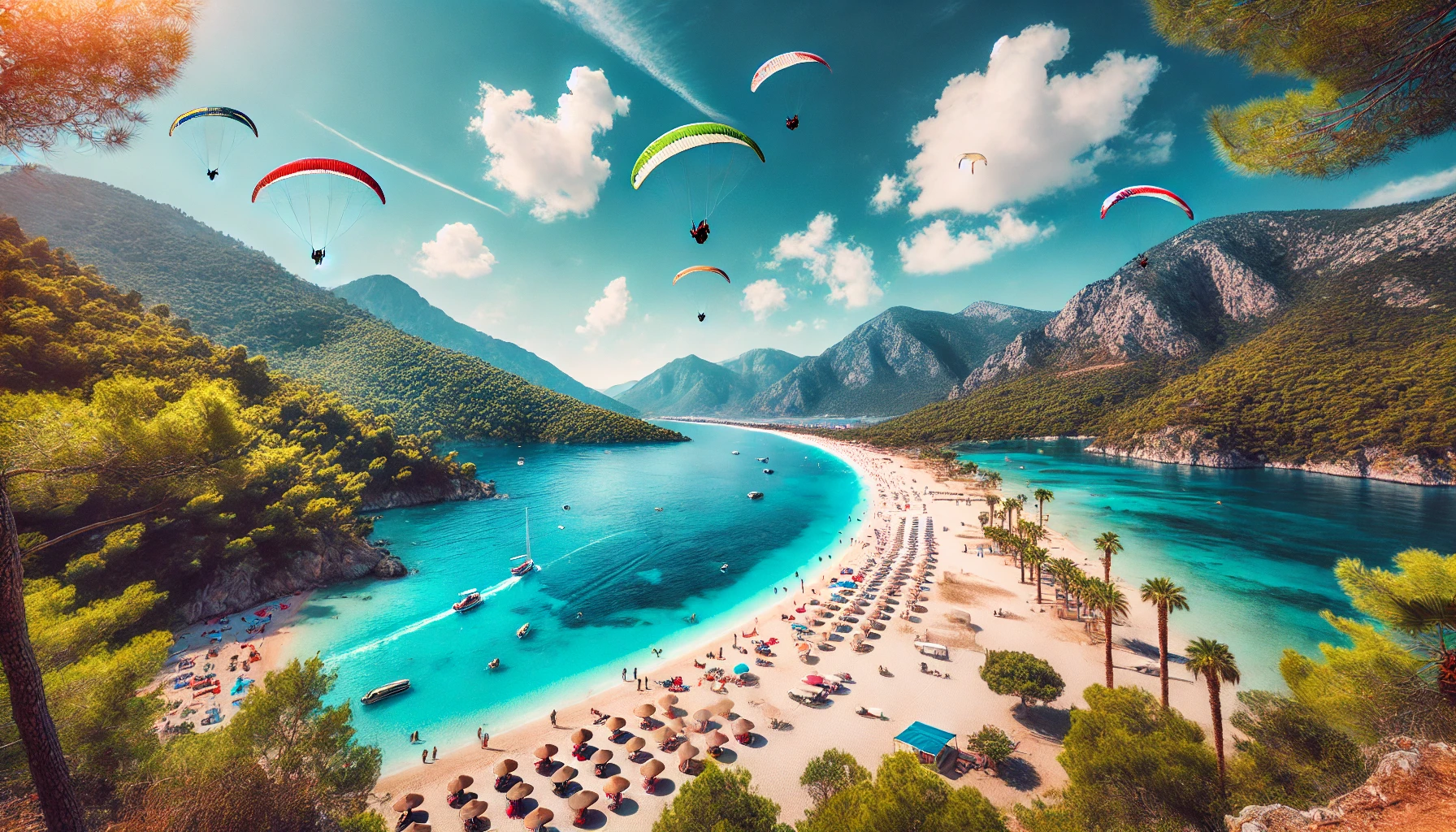 Scenic view of Ölüdeniz Beach in Fethiye, Turkey, featuring sandy bay, turquoise waters, sunbathers, beach umbrellas, paragliders, and lush green mountains.