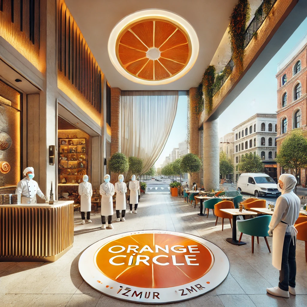 Hotel in İzmir displaying the Orange Circle certification with a clean and welcoming entrance, emphasizing safety and hygiene standards.