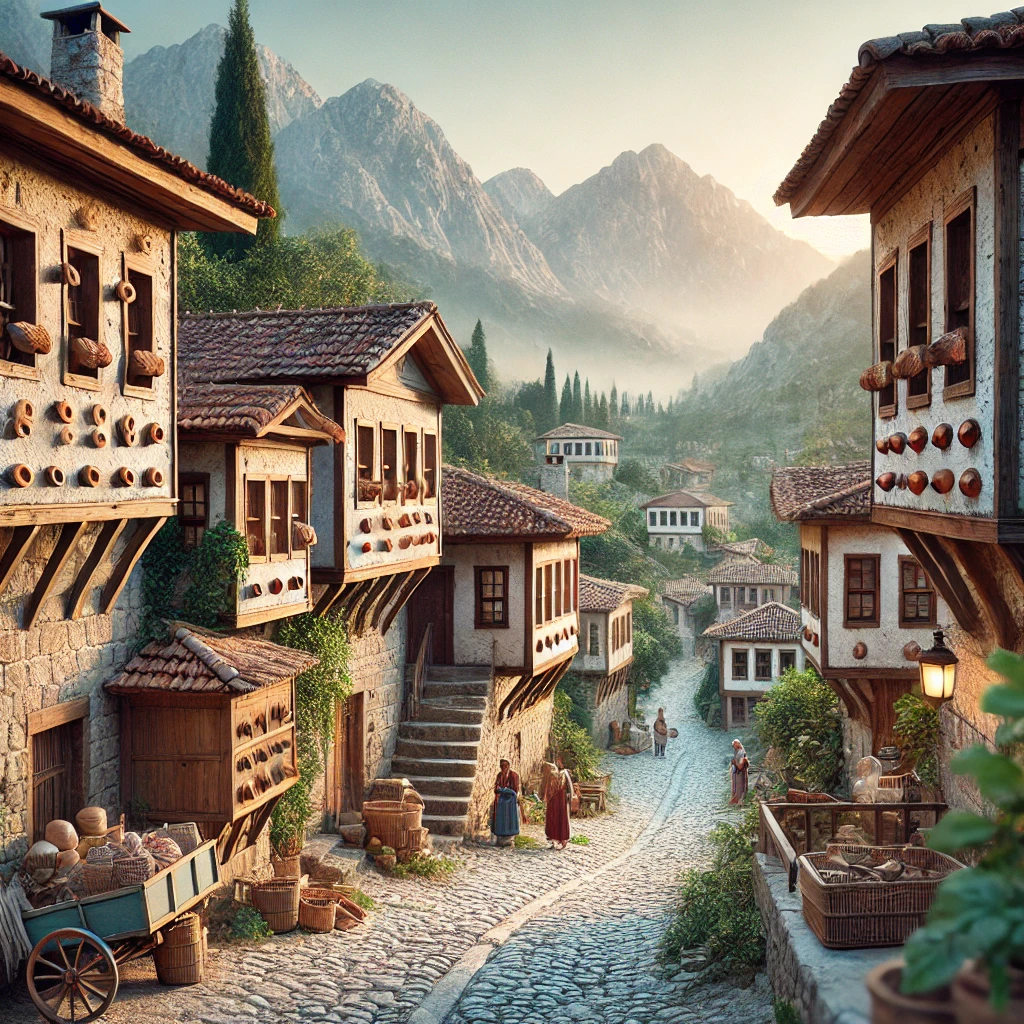 Traditional Button Houses in Ormana Village, Antalya, Turkey, with Taurus Mountains in the background.