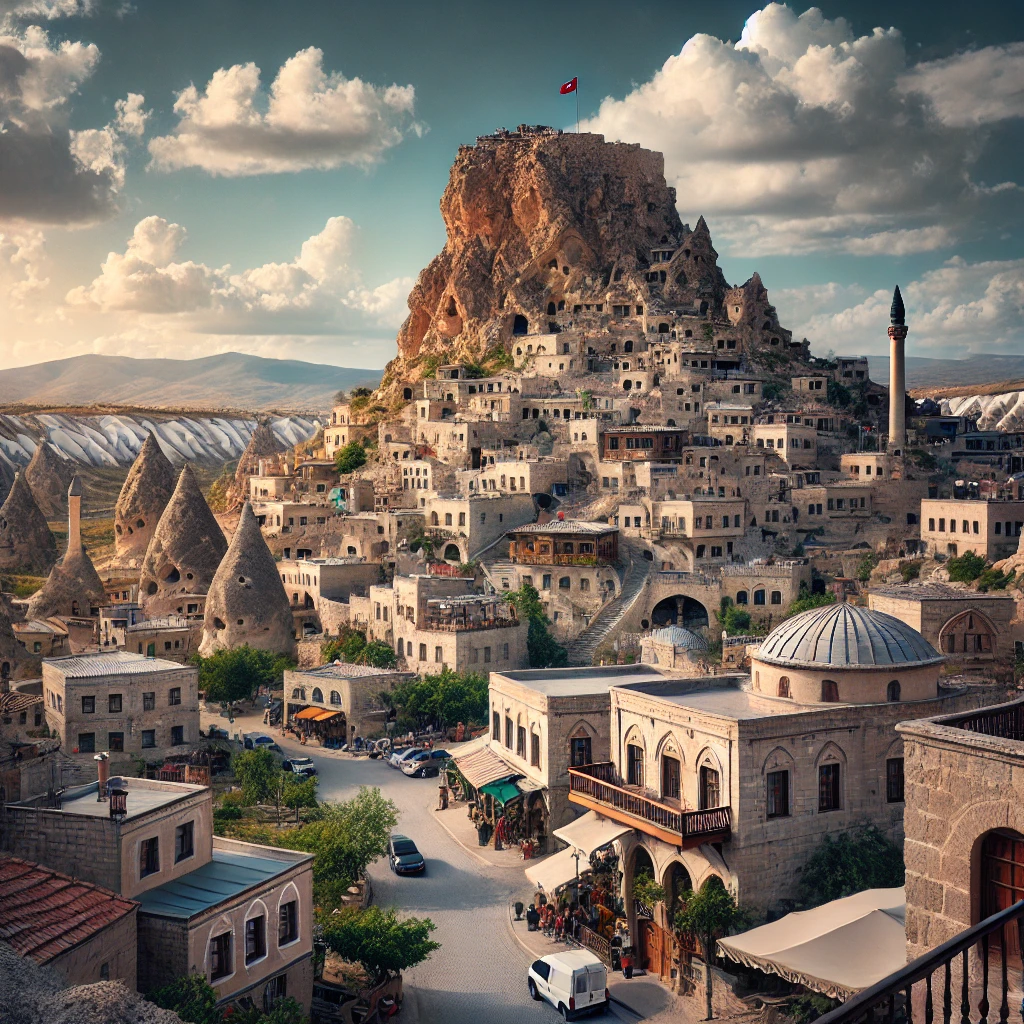 A scenic view of Ortahisar in Cappadocia, Turkey, featuring the towering Ortahisar Castle surrounded by traditional stone houses and fairy chimneys under a clear sky.