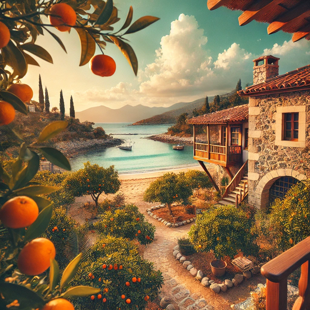 A peaceful view of Ortakent, Bodrum featuring a lush mandarin orchard, traditional stone houses, and Yahşi Beach with crystal-clear waters.