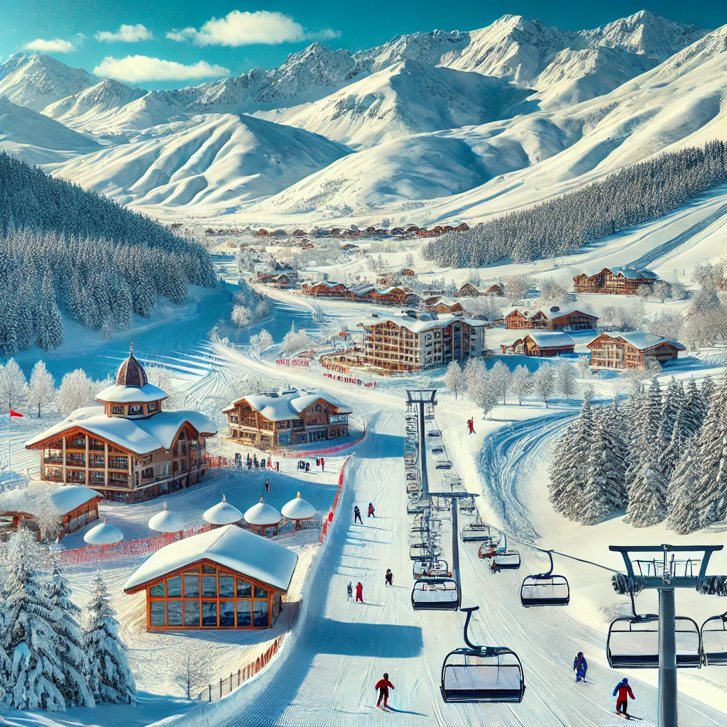 Winter landscape of Palandöken, Erzurum with snow-covered mountain, skiers, and ski resort.