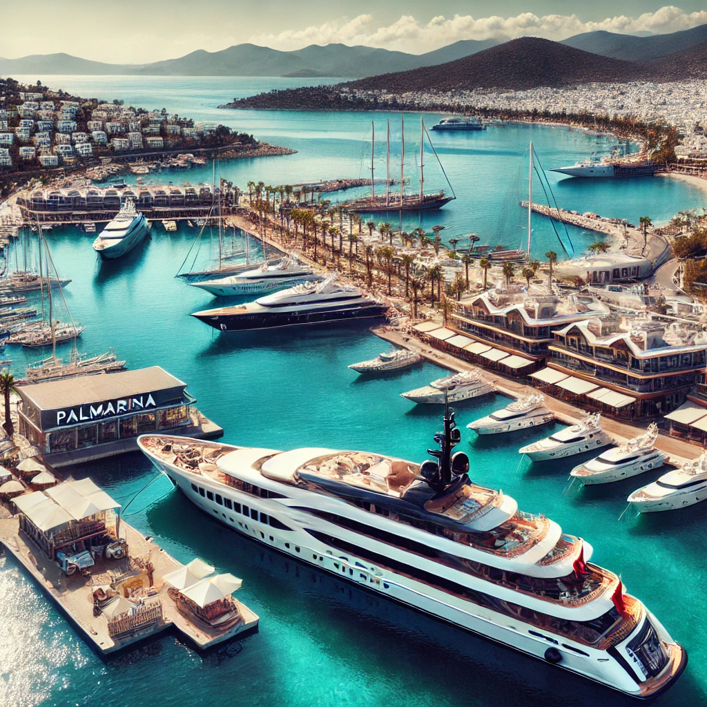 Luxurious marina in Yalıkavak, Turkey with mega yachts docked at Palmarina Bodrum, surrounded by boutique shops and restaurants.