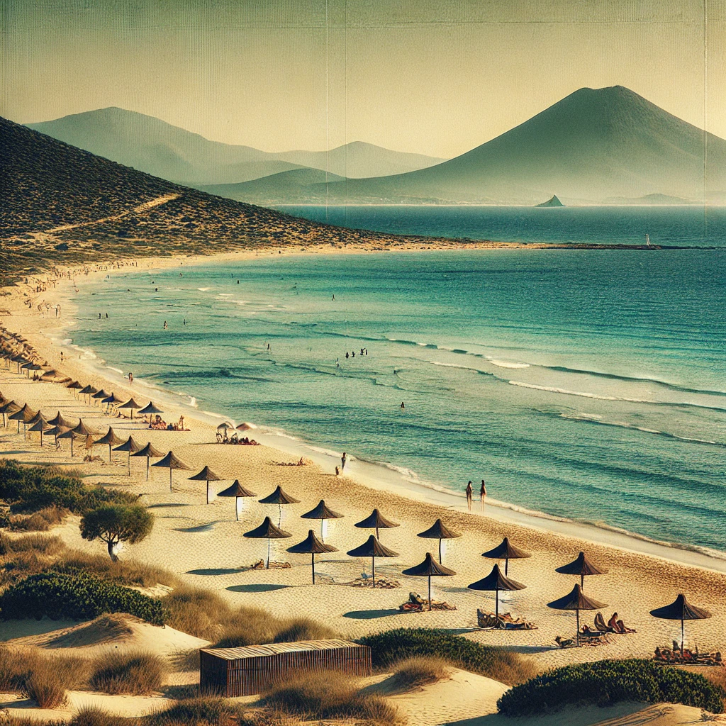 Serene beach scene at Pamucak Beach, Selçuk, Izmir, featuring wide sandy shores, clear blue Aegean waters, and distant hills.