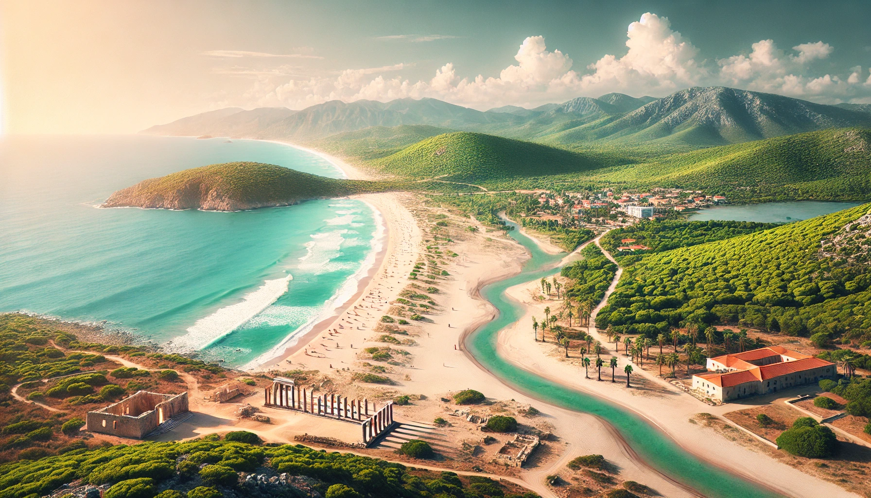 Scenic view of Patara Beach, Turkey featuring the sandy shoreline, turquoise waters, ancient Lycian ruins, and lush green hills.