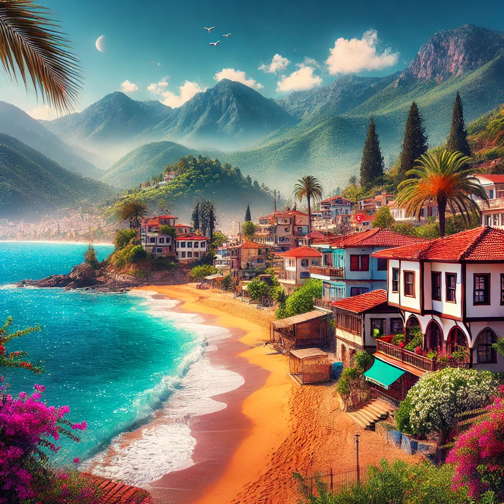 Scenic view of Payallar, Alanya with Mediterranean coastline, sandy beaches, and Taurus Mountains.