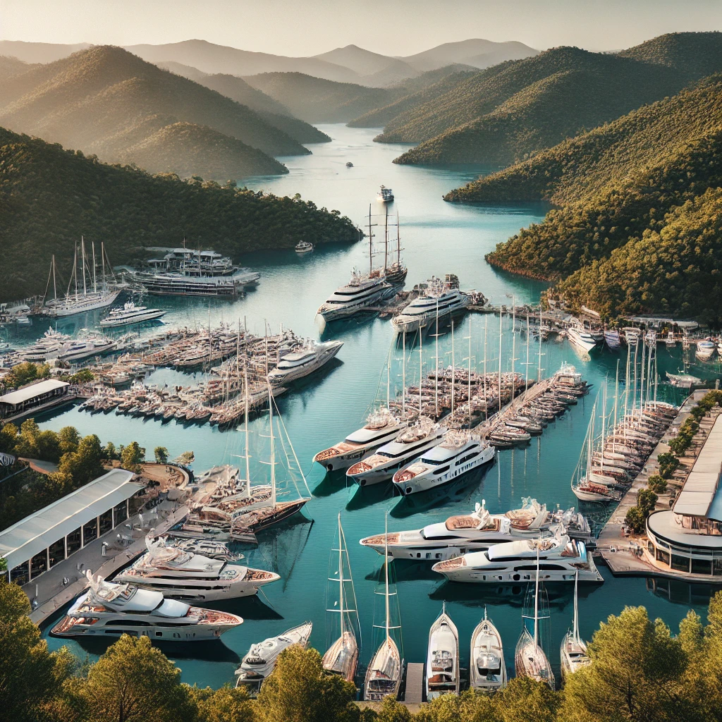 Luxurious view of Port Göcek Marina in Fethiye, Turkey, with yachts docked along the Mediterranean coast, surrounded by lush green hills and clear blue waters.