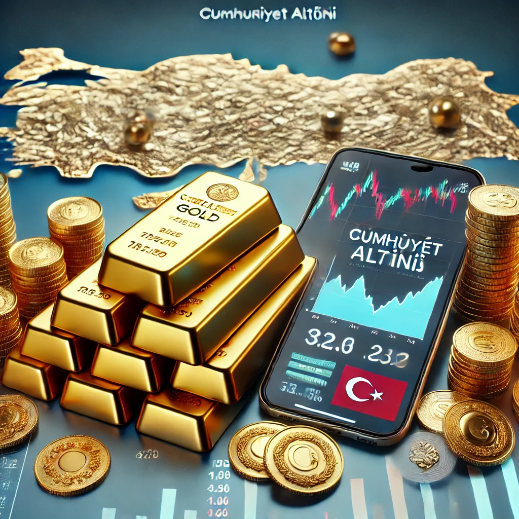 Gold bars and Cumhuriyet Altını coins with a digital display of current gold prices in Turkey.