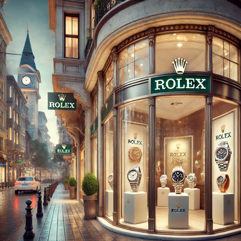 Luxurious Rolex store in Istanbul with elegant window displays and bustling shopping district backdrop.