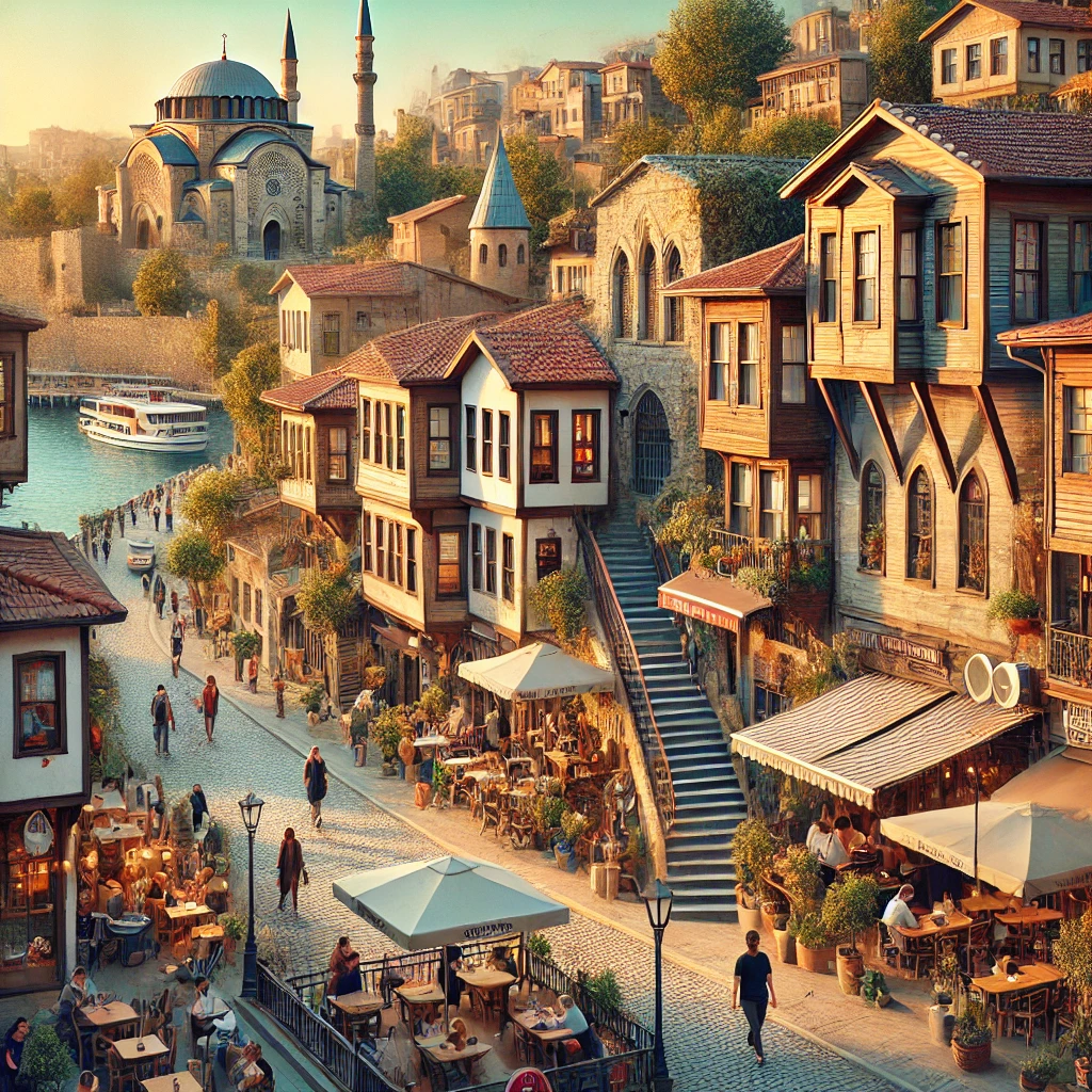 Historic Samatya neighborhood in Fatih, Istanbul, with traditional wooden houses, ancient city walls, and vibrant street life.