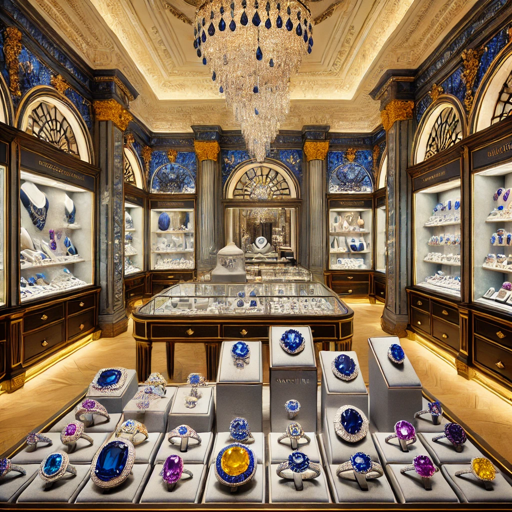 A luxurious Turkish jewelry store interior showcasing a variety of sapphire jewelry, including rings, necklaces, earrings, and bracelets in various colors.