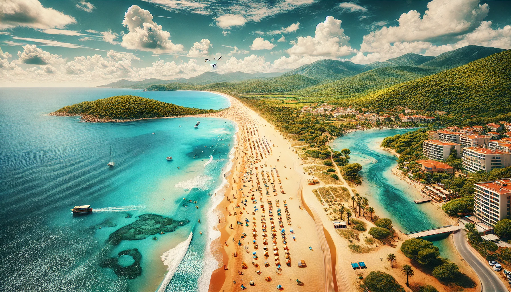 Scenic view of Sarıgerme Beach in Ortaca, Turkey, featuring golden sandy shore, clear blue waters, sunbathers, beach umbrellas, and lush green hills.