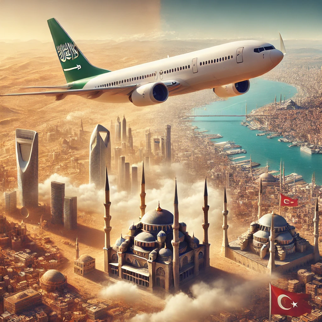 Airplane flying from Saudi Arabia to Turkey with desert and cityscapes visible below.