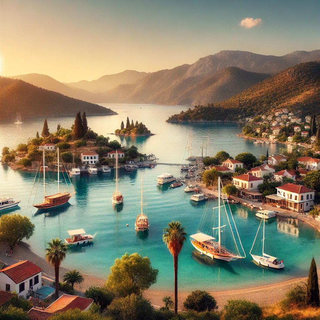 A tranquil view of Selimiye, Marmaris with a calm bay, turquoise waters, and traditional sailboats near a charming village.