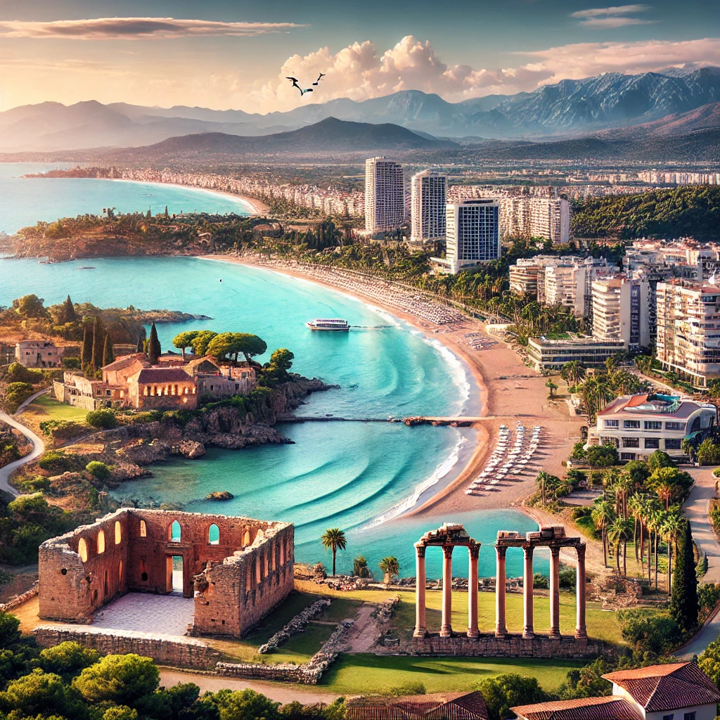 Picturesque view of Serik, Antalya, showcasing the ancient ruins of Aspendos, a pristine beach, and luxurious resorts in Belek.