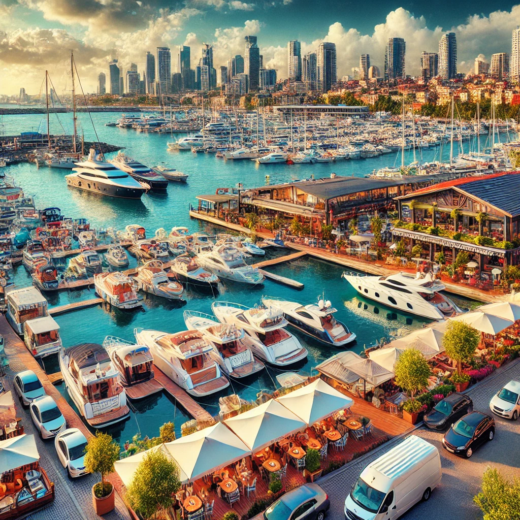 Vibrant view of Setur Kalamış Marina in Istanbul, Turkey, with luxury yachts docked along the Mediterranean coast and the city skyline in the background.