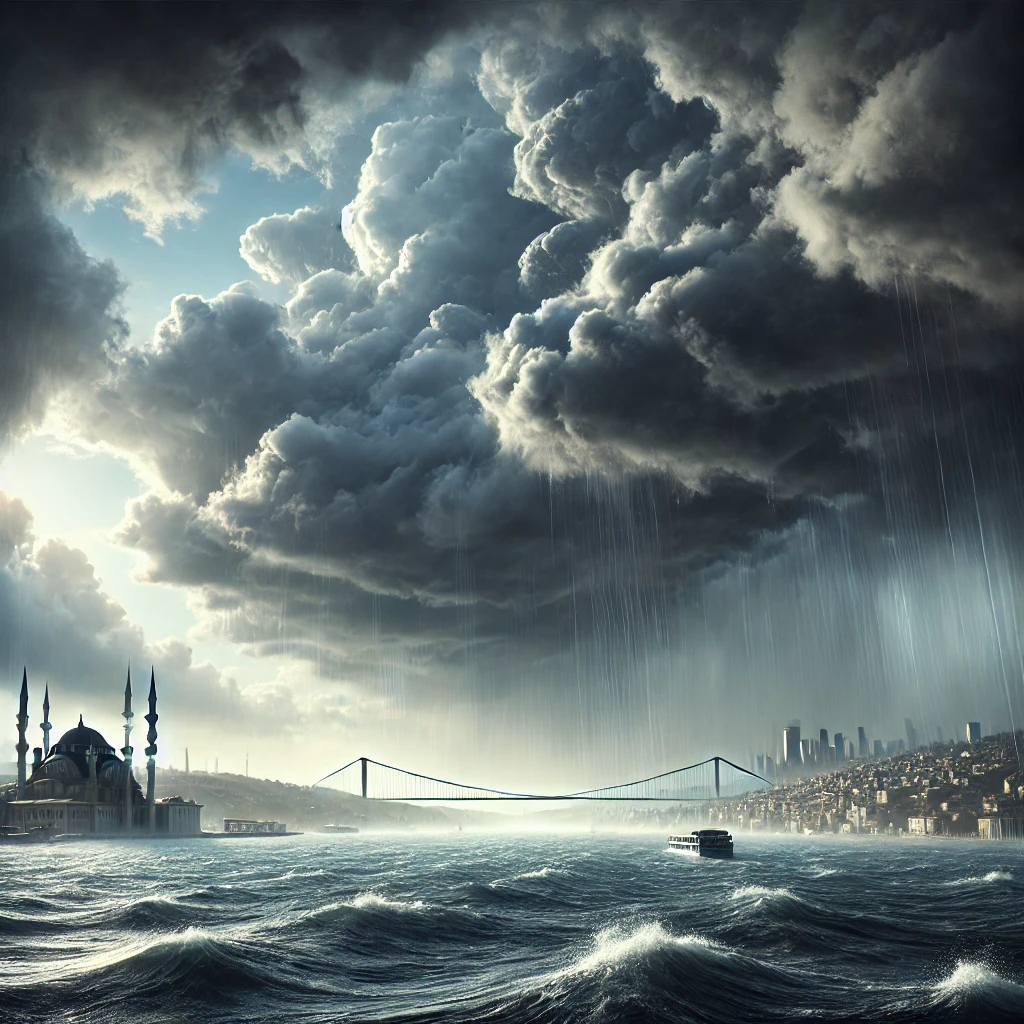 Stormy scene in Istanbul with dark clouds over the Bosphorus and the city skyline.