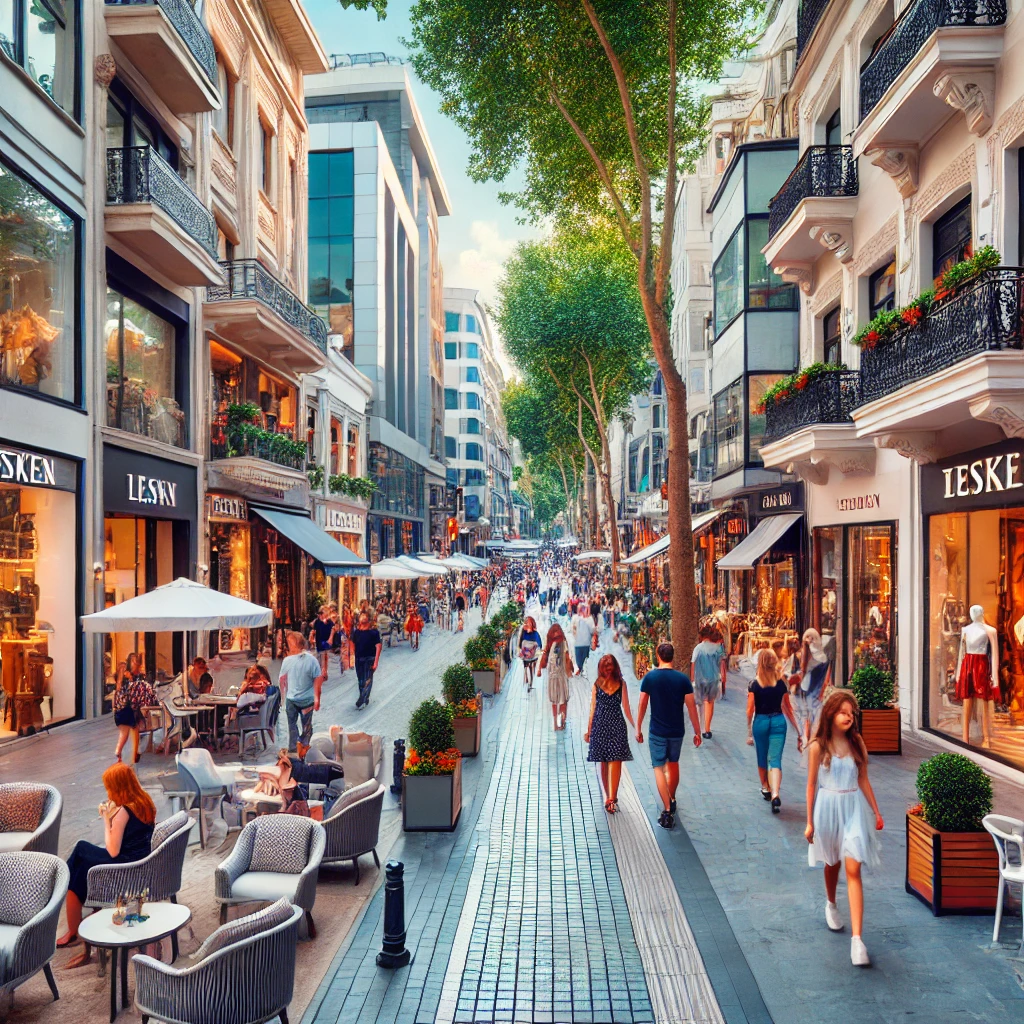 A bustling view of Bagdat Street in Istanbul with luxury boutiques, local shops, and cafes, capturing the lively shopping atmosphere.