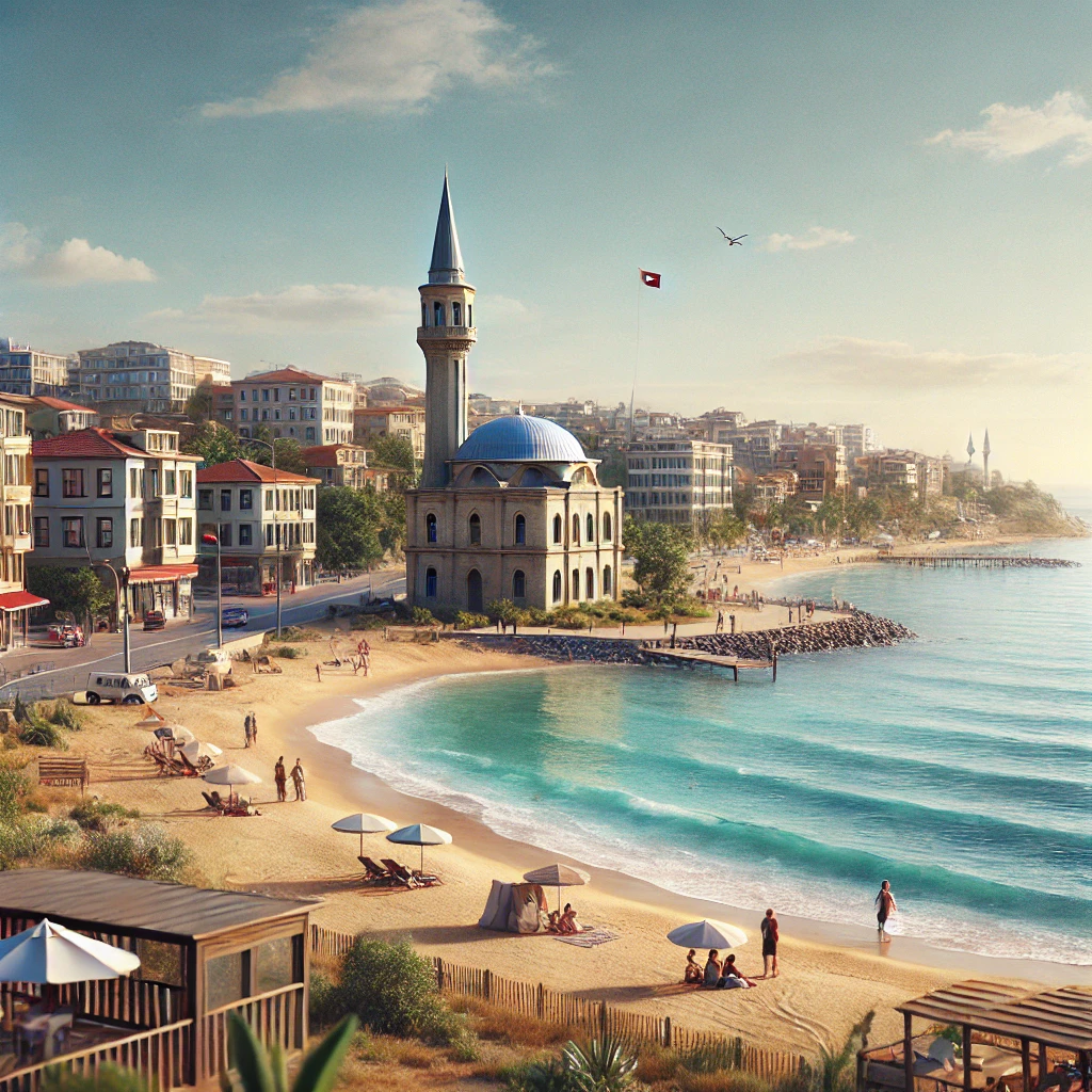 Coastal view of Silivri, Istanbul with Marmara Sea and historic buildings.