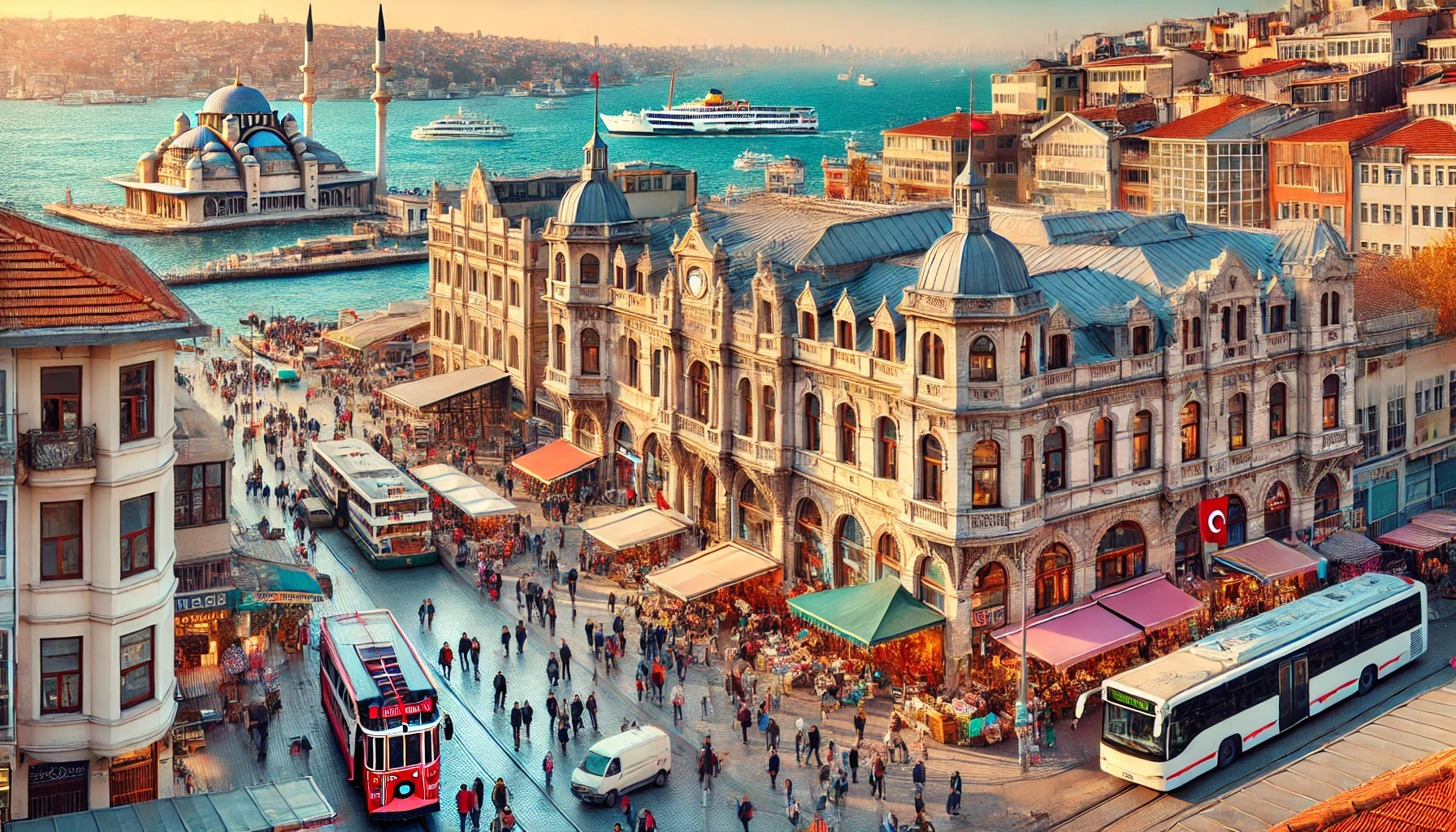 A bustling street in Sirkeci, Fatih, Istanbul, featuring historical buildings, Sirkeci Station, shops, cafes, and people walking, with the Bosphorus and ferries in the background.