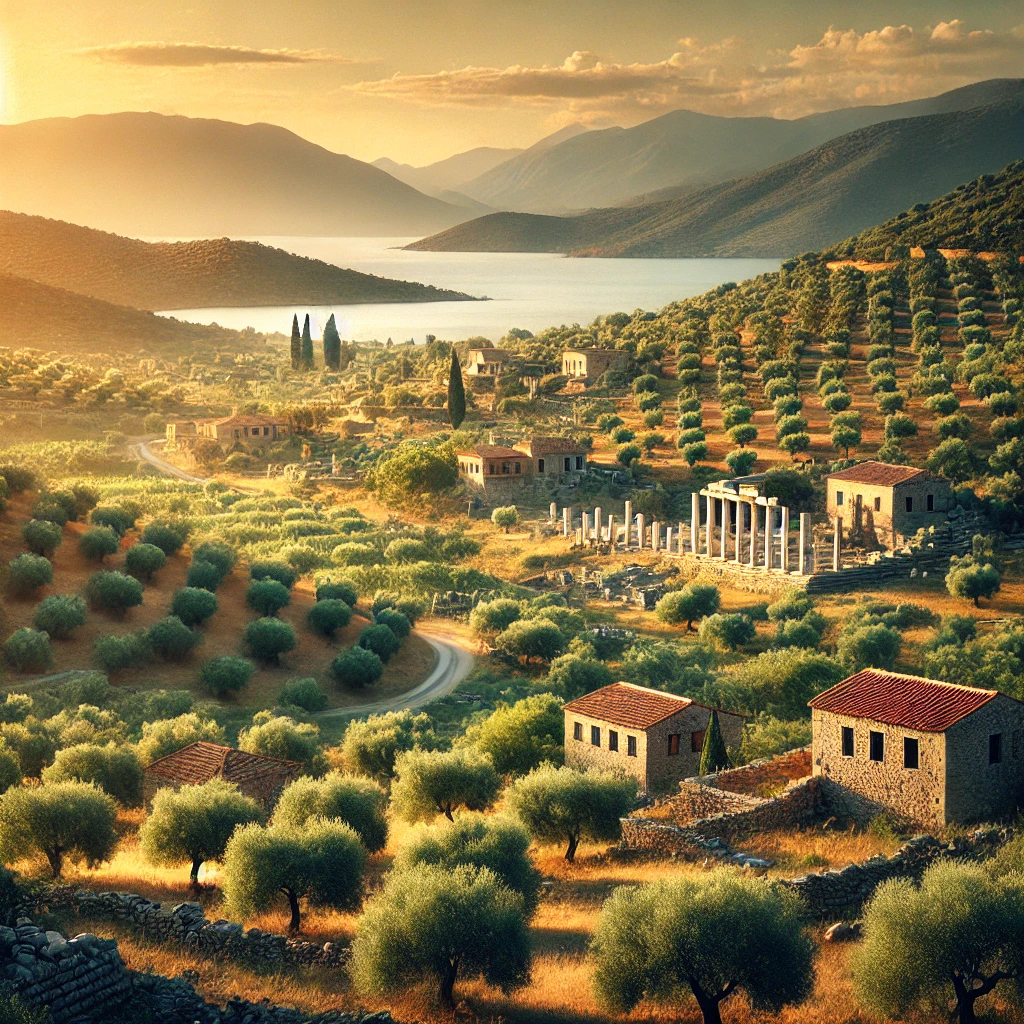 Scenic view of Söke, Aydın with ancient Priene ruins, rolling hills, and traditional Turkish stone houses.