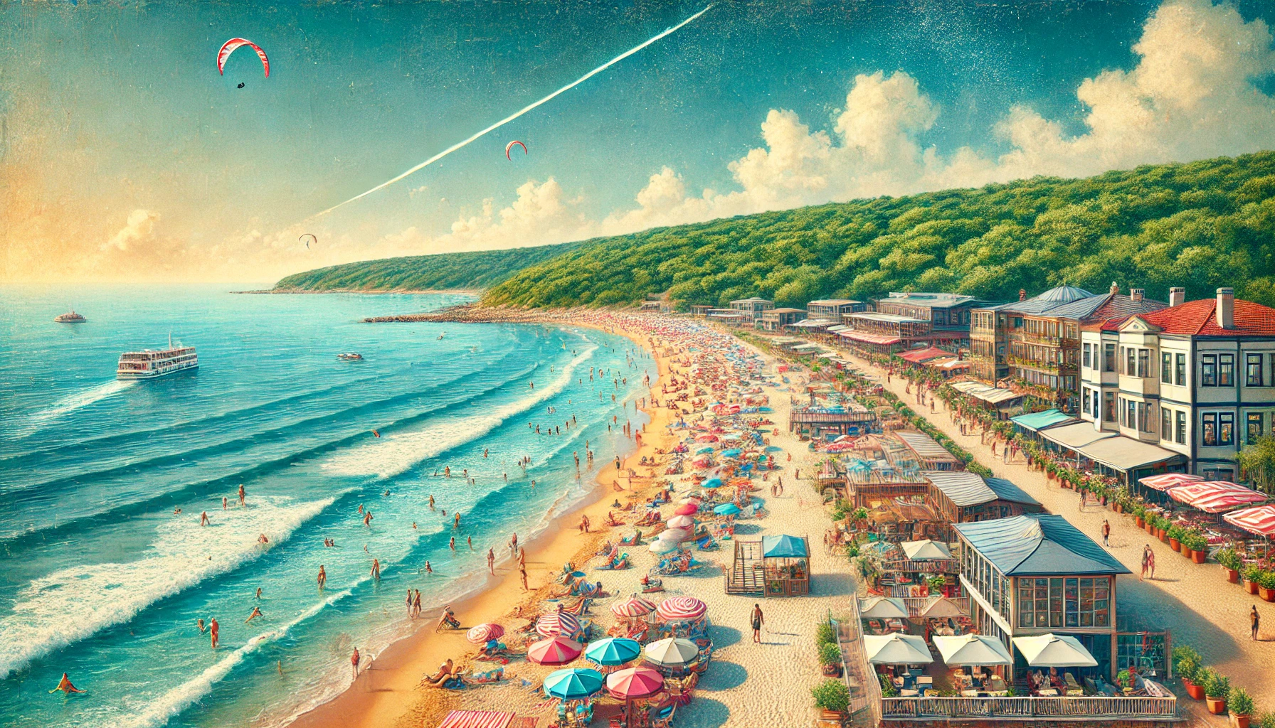 Scenic view of Solar Beach in Kilyos, Istanbul, featuring sandy shore, blue waters, sunbathers, colorful beach umbrellas, beachside cafes, and lush greenery.