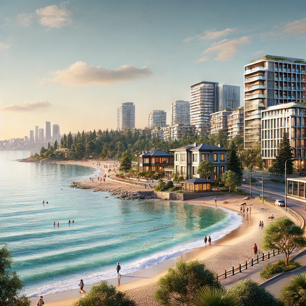 A serene view of Suadiye Beach in Kadıköy, Istanbul, with calm Marmara Sea waters and modern residential buildings in the background.