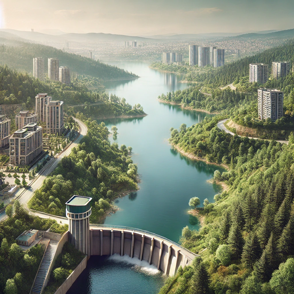 Sultangazi, Istanbul showcasing the Alibey Dam surrounded by green landscapes and modern residential buildings.