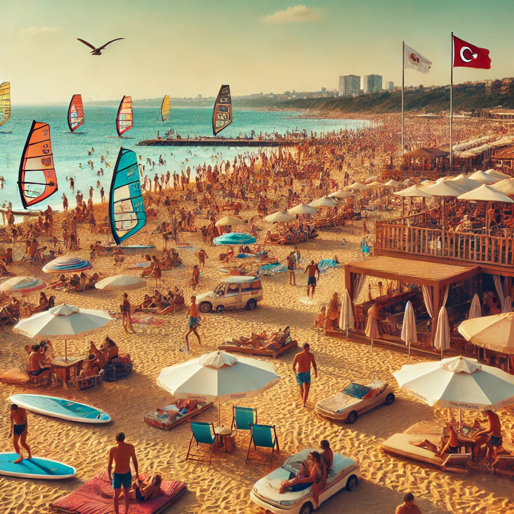 Vibrant scene at Suma Beach in Istanbul, Sarıyer district with people enjoying the sun, water sports, and a lively beach bar.