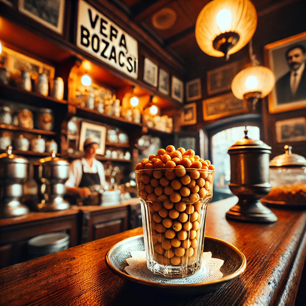 A glass of traditional boza with roasted chickpeas at Vefa Bozacısı, Istanbul, showcasing the cozy historic interior.