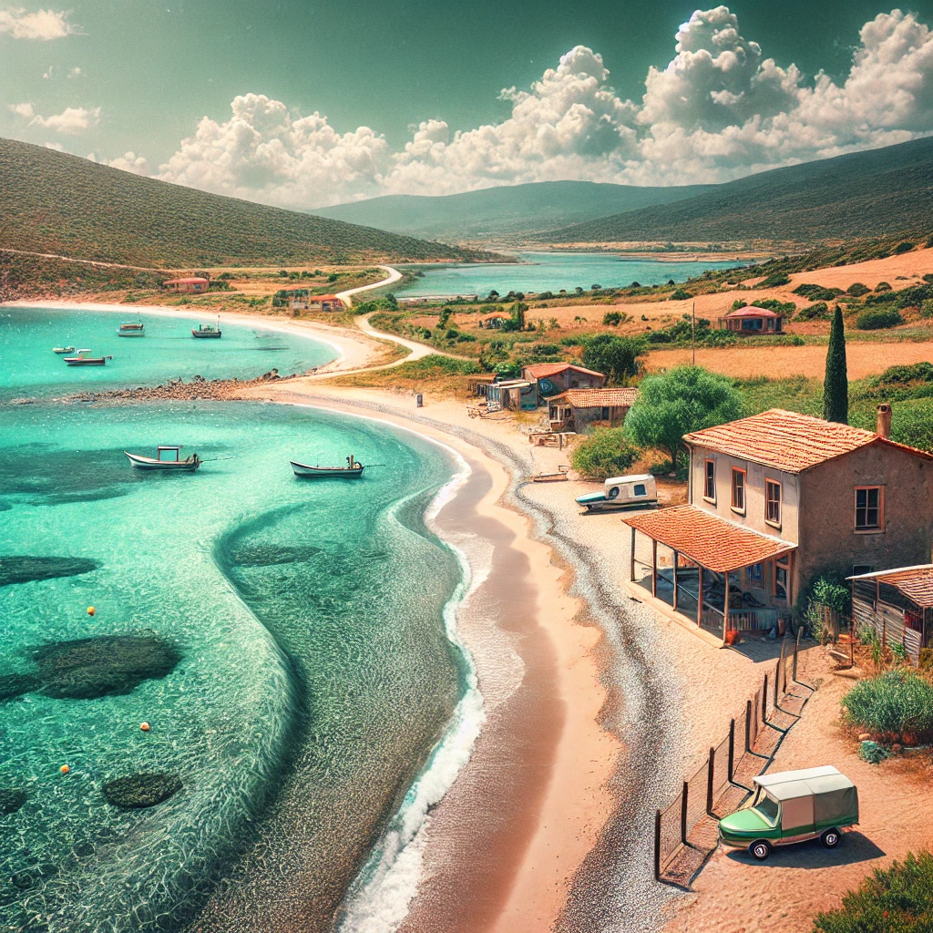 A tranquil coastal view of Tavaklı Iskelesi in Çanakkale, Turkey, featuring a pristine beach with turquoise waters and traditional summer houses.