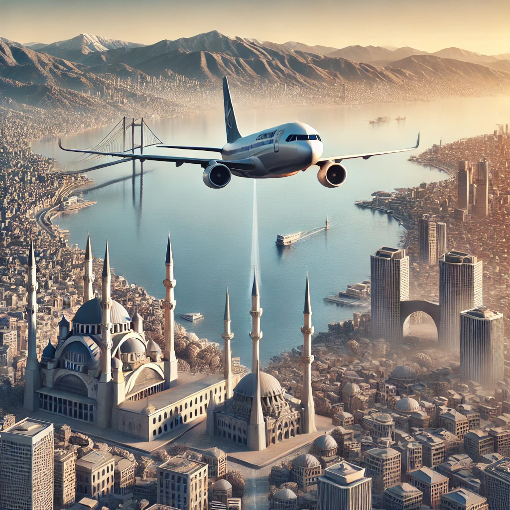 Airplane flying over a mix of Tehran's and Istanbul's cityscapes with a view of the Bosphorus Strait.