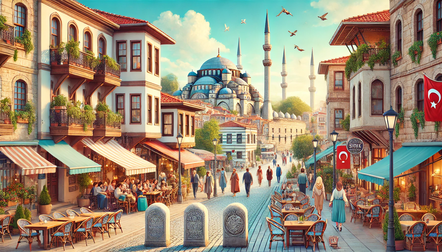 Picturesque neighborhood in Teşvikiye, Istanbul, Turkey featuring the iconic Teşvikiye Mosque, scenic streets lined with trendy cafes and boutiques, historical commemorative stones, and vibrant local culture.