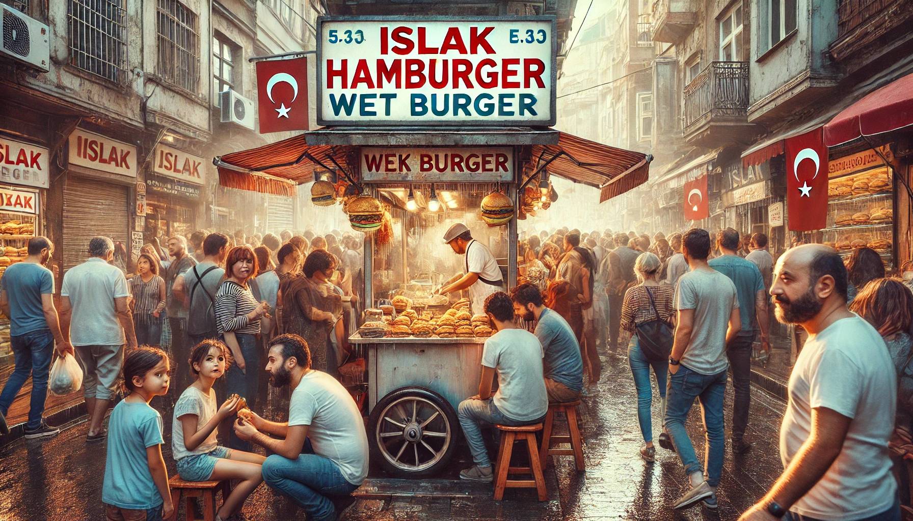 Vibrant street food scene in Istanbul with people enjoying wet burgers from a bustling food stand.