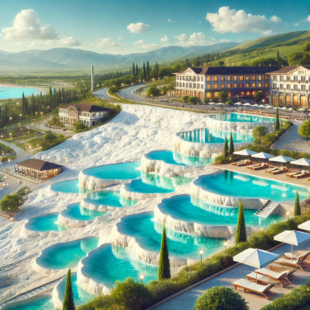 Scenic view of Pamukkale's white travertine terraces with thermal pools and nearby hotels.