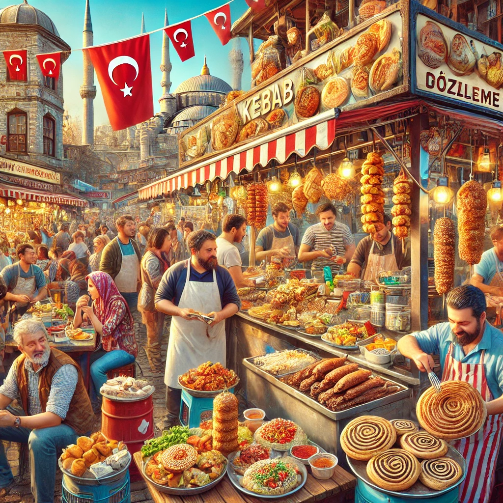 Street food scene in Istanbul with simit, döner kebab, gözleme, and dondurma stalls.