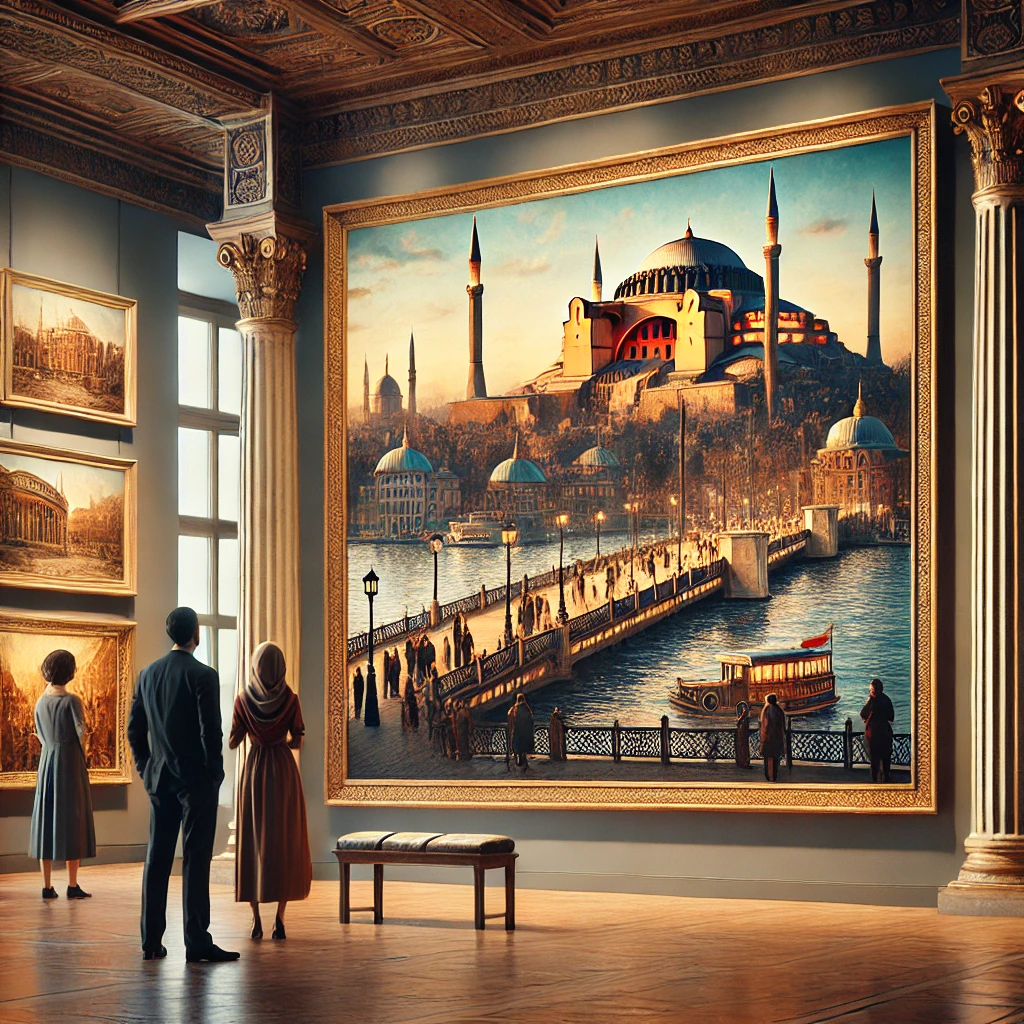 Art exhibition in Istanbul showcasing mid-20th century paintings of iconic landmarks like Hagia Sophia and Bosphorus