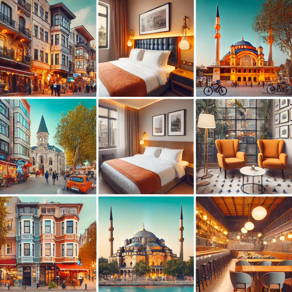 Collage featuring various budget hotels in Istanbul with exterior views, cozy rooms, and vibrant street scenes from areas like Taksim, Sultanahmet, and Fatih.