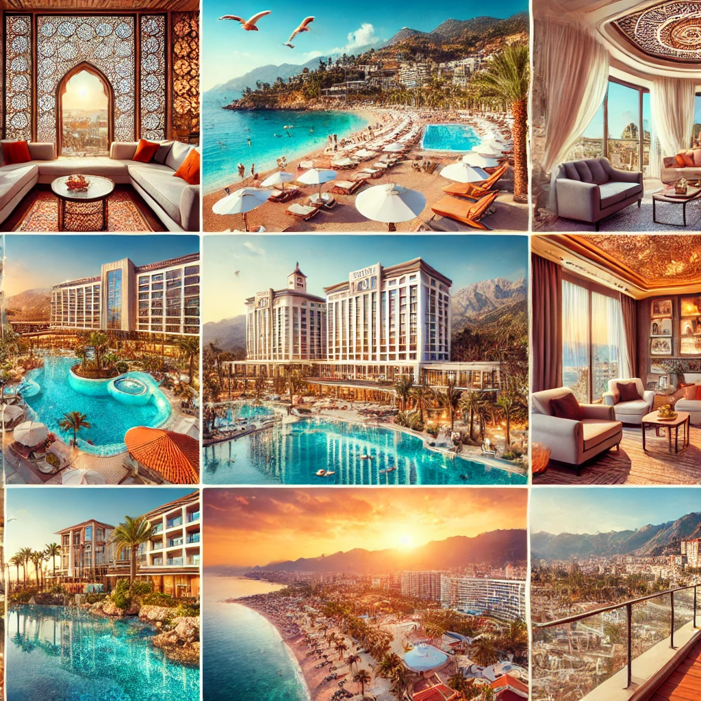 Collage showcasing a variety of hotels in Alanya, Turkey, including luxurious 5-star resorts, cozy beachfront hotels, and budget-friendly options.