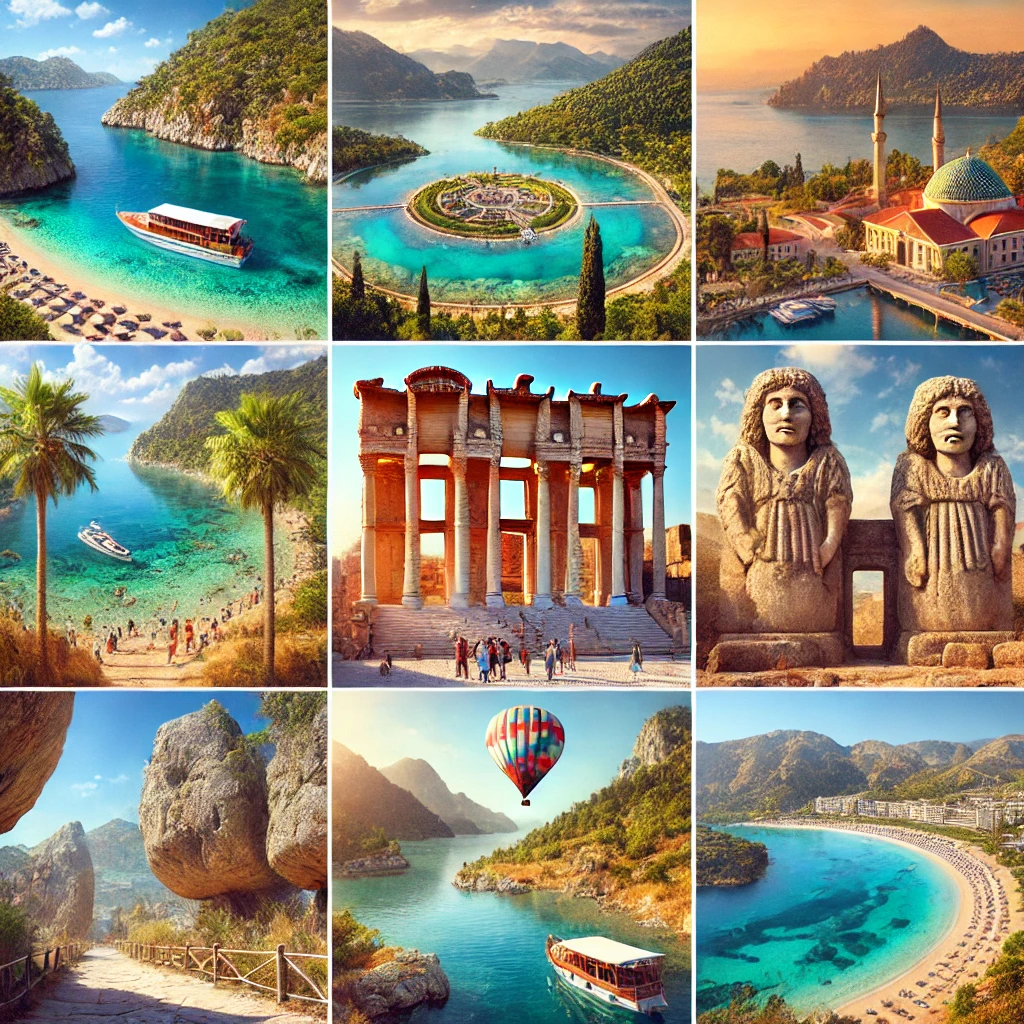 Collage of Dalaman's top attractions, including Sarsala Bay, Kaunos ruins, Amyntas Rock Tombs, Kocagöl Lake, and Ölüdeniz Beach.