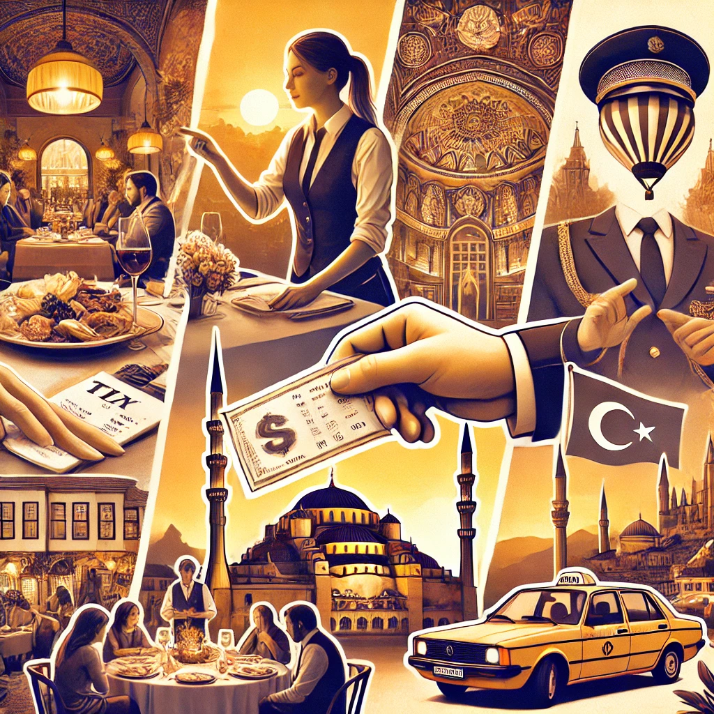 Collage representing tipping etiquette in Turkey, featuring scenes of tipping in restaurants, hotels, taxis, and regional landmarks in Istanbul, Antalya, and Cappadocia.